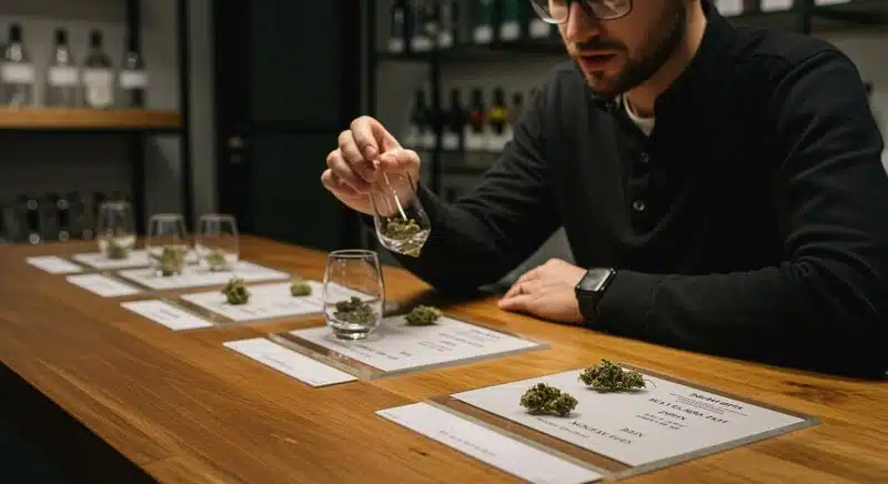 Evaluación de cogollos de cannabis en laboratorio, análisis de calidad vinculado a niveles de Brix mediante inspección visual y selección de muestras.