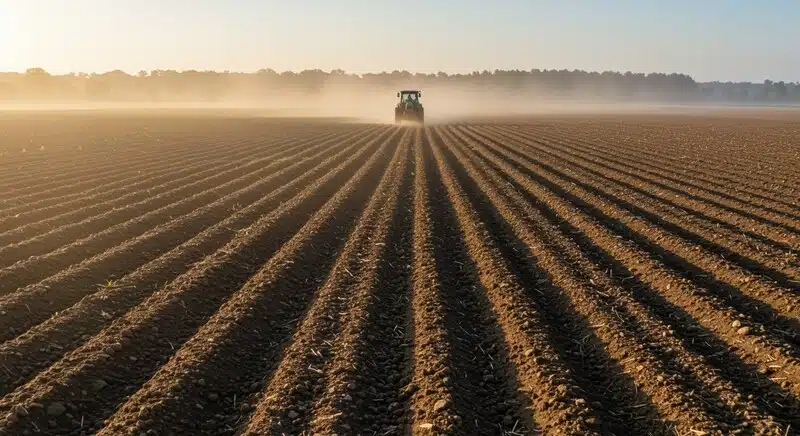Tractor trabajando el suelo en un campo amplio al amanecer, creando hileras para el cultivo de Cinderella 99 x Lemon Pie en condiciones agrícolas controladas.