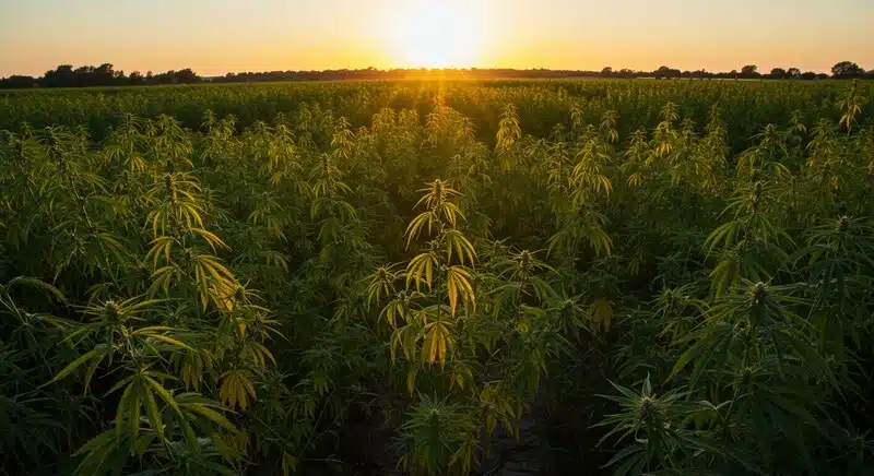 Cultivo exterior de cannabis al atardecer, entorno donde se emplea el refractómetro para controlar niveles de Brix y optimizar el rendimiento.