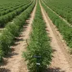 Cultivo exterior Cinderella 99 x Tangilope en hileras con plantas uniformes.