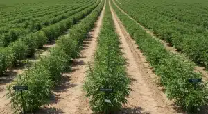 Cultivo exterior Cinderella 99 x Tangilope en hileras con plantas uniformes.