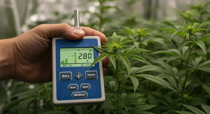 Medición del nivel de azúcar en plantas de cannabis con medidor digital Brix, el contenido de azúcares indica la salud, fotosíntesis activa y vitalidad del cultivo.