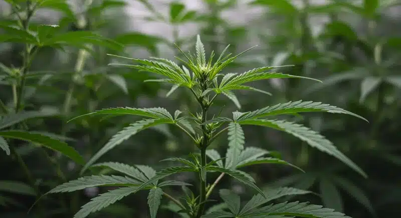 Planta de cannabis en fase vegetativa con posible Brix bajo por crecimiento lento.