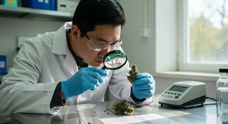 Análisis de cogollos de cannabis en laboratorio para evaluar azúcares y densidad mineral, inspección detallada para determinar calidad y composición.