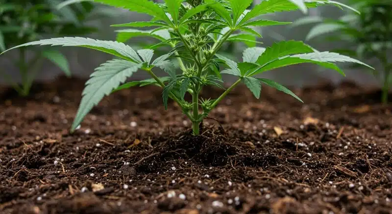 Planta de cannabis en fase de crecimiento en un sustrato rico y aireado. Un entorno radicular saludable es clave para alcanzar niveles de Brix altos y desarrollar cogollos de máxima calidad.