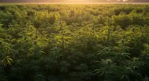 Cultivo de cannabis en exterior con alta exposición solar y riesgo de estrés térmico.