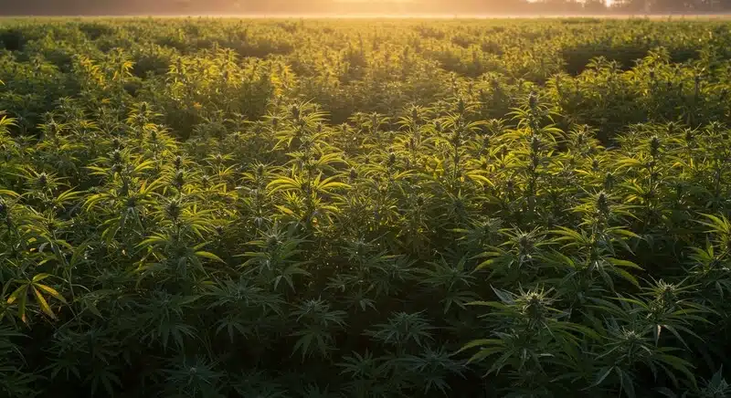 Cultivo de cannabis en exterior con alta exposición solar y riesgo de estrés térmico.