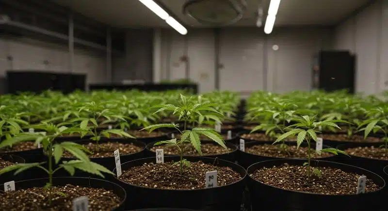 Plántulas de Chocolate Mint Regular en macetas bajo cultivo interior con iluminación controlada.