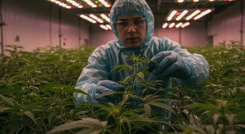 Técnico trabajando con plantas de Chocolope Kush Regular en un cultivo interior profesional, bajo luces LED, control y cuidado en el desarrollo vegetativo.