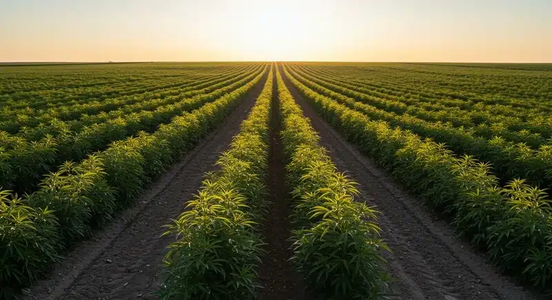 Amplio cultivo exterior de Chocolope x Candy con hileras uniformes de plantas de cannabis, iluminadas por la luz cálida del atardecer, mostrando un crecimiento homogéneo.