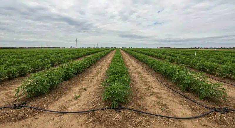 Plantación de Cinderella 99 x Amnesia Haze en exterior con hileras bien definidas y sistema de riego por goteo, cultivo uniforme y organizado en suelo agrícola.