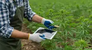 Inspección de planta Cinderella 99 x Blueberry con tablet en cultivo de cannabis.