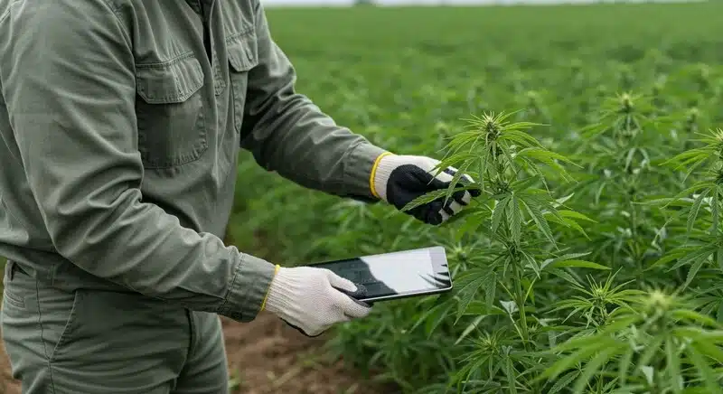 Cultivador revisando una planta de Cinderella 99 x Kali Mist en campo, utilizando una tablet para monitorear su desarrollo y estado durante el cultivo.