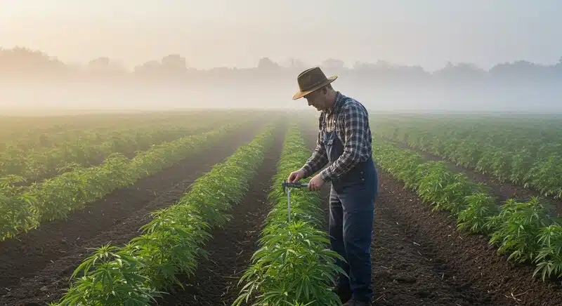 Agricultor midiendo el crecimiento de plantas Cinderella 99 x Somango en hileras, evaluando desarrollo y uniformidad en un cultivo exterior al amanecer.