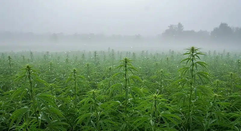 Cultivo Cinderella 99 x Taskenti en exterior con humedad y niebla matinal.