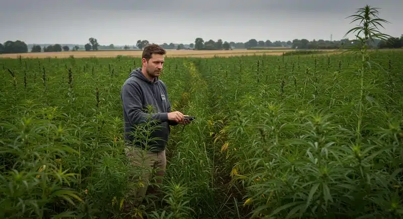 Cultivo exterior de Cindy 99 Regular con plantas de cannabis en crecimiento uniforme, agricultor supervisando el estado del cultivo en campo abierto.