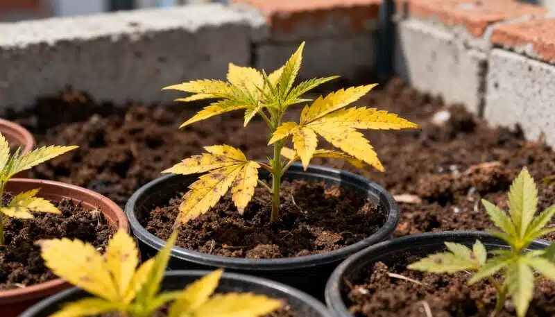 Plántulas de cannabis en macetas con clorosis visible en hojas amarillas y manchas, señal de deficiencias nutricionales o problemas de pH en el sustrato.
