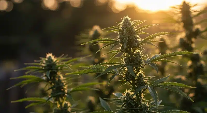 Planta de cannabis en floración expuesta a luz natural al atardecer, momento en el que comienza la acumulación de azúcares tras el día. 