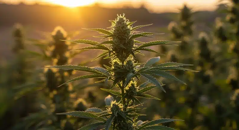 Planta de cannabis en floración expuesta a luz natural al atardecer, momento en el que comienza la acumulación de azúcares tras el día.