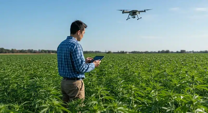 Cultivo de Colombian Gold Auto supervisado con dron, agricultor usando tablet para control y monitoreo de plantas en campo de cannabis.