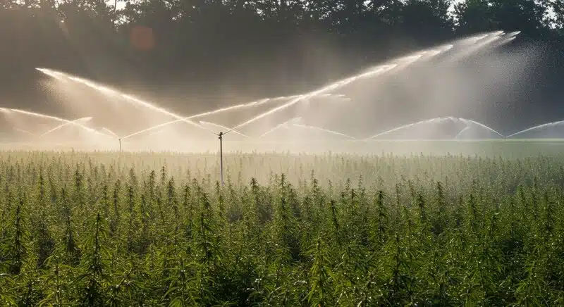 Cultivo de Colombian Jack con sistema de riego por aspersión en funcionamiento, plantas de cannabis hidratándose en campo bajo luz natural.