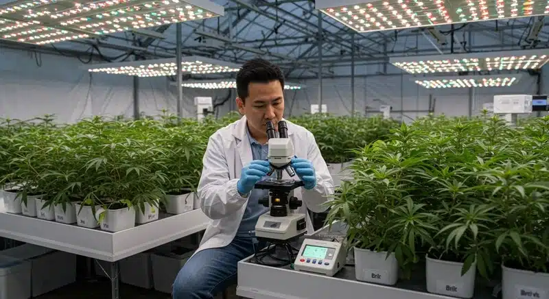 Análisis de plantas de cannabis en laboratorio para medir Brix, seguimiento periódico de niveles de azúcares para optimizar calidad del cultivo.