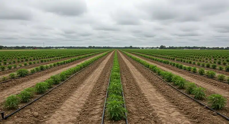 Cultivo de Cream Auto en campo abierto con filas organizadas y sistema de riego por goteo, plantas jóvenes creciendo en suelo preparado.
