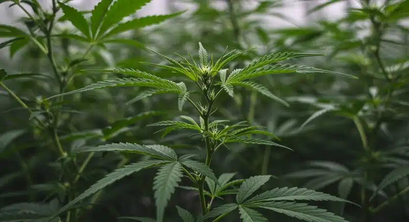 Planta de cannabis en fase vegetativa con posible Brix bajo por crecimiento lento.