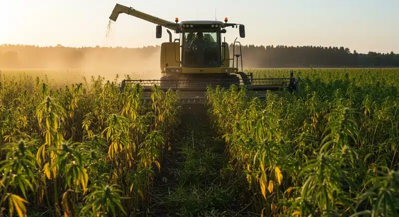Cosecha de Critic Boom en cultivo exterior con maquinaria agrícola, plantas maduras siendo recolectadas en campo bajo luz natural.
