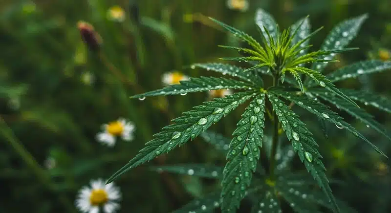 Critical 2.0 Auto hojas de cannabis con gotas de agua.