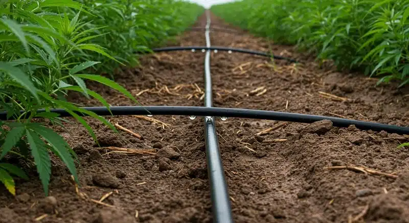 Sistema de riego por goteo en cultivo de Critical 2.0 Auto, líneas de irrigación distribuyendo agua de forma eficiente en suelo agrícola.