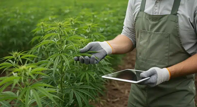 Agricultor revisando planta de Critical Bilbo Auto con tablet, controlando crecimiento y estado del cultivo en campo de cannabis.