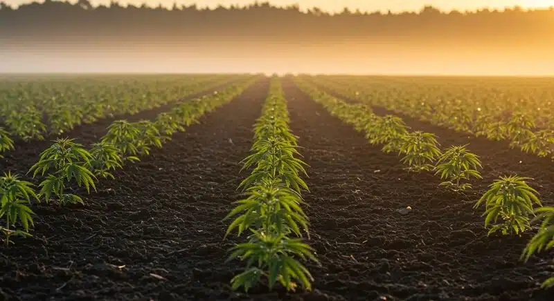 Cultivo de Critical Bilbo con plantas jóvenes alineadas en hileras, suelo oscuro y luz de amanecer favoreciendo el desarrollo uniforme.