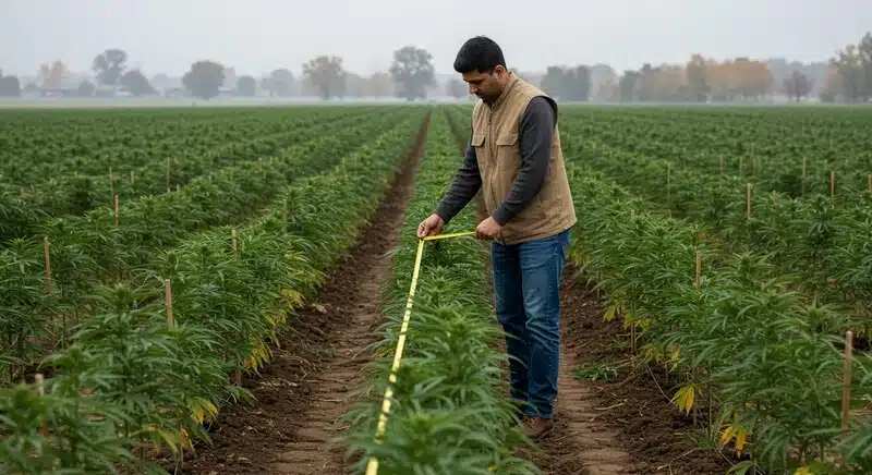 Agricultor midiendo plantas de Critical Blue en cultivo exterior, controlando crecimiento y desarrollo en campo de cannabis.