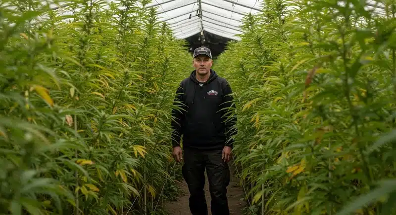 Cultivo de Critical Bubba Kush en invernadero con plantas de cannabis densas, agricultor supervisando el desarrollo entre hileras.