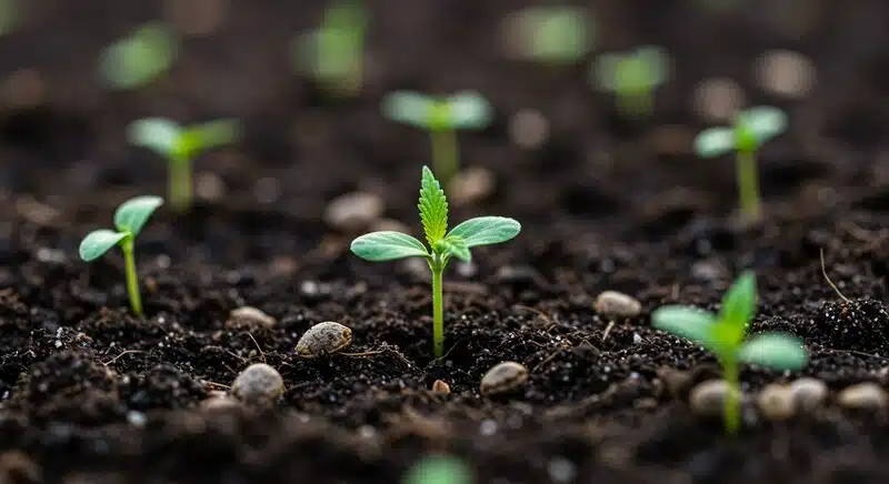 Critical Bubba Kush plántulas cannabis germinación en suelo.
