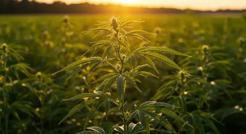 Planta de Critical Cheese Auto en cultivo exterior iluminada por luz de atardecer, mostrando desarrollo saludable y estructura equilibrada.