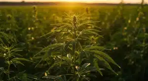 Critical Cream Caramel Auto planta cannabis en floración al atardecer.