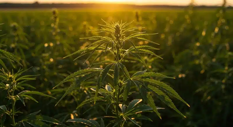 Critical Cream Caramel Auto planta cannabis en floración al atardecer.