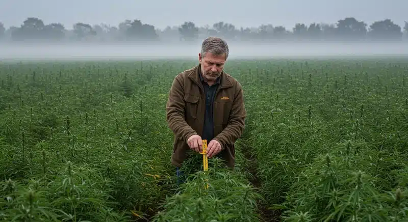Agricultor midiendo plantas de Critical Cream Caramel Auto en campo, controlando el crecimiento y desarrollo del cultivo en exterior.
