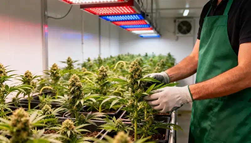 Cultivador manipulando plantas de Cherry AK Fast Version en cultivo interior, con cogollos en desarrollo bajo luces LED, reflejando técnicas de cultivo controlado y alto rendimiento.