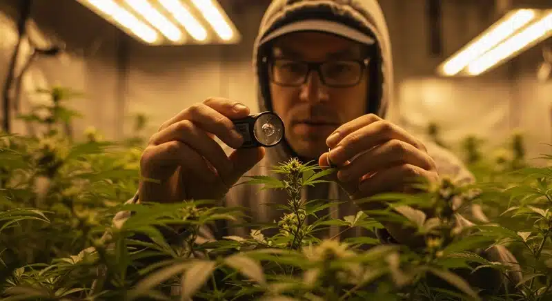 Cultivador inspeccionando una planta de cannabis en interior con lupa, analizando el estado de hojas y flores. Este tipo de observación es clave cuando hay Brix bajo.