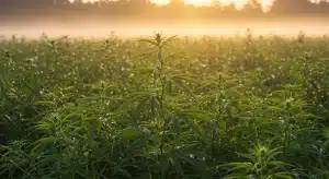 Cultivo de cannabis al amanecer en floración con alta actividad fotosintética y niveles de Brix.