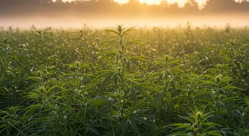 Cultivo de cannabis al amanecer en floración con alta actividad fotosintética y niveles de Brix.
