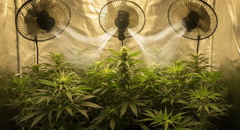 Cultivo de Cherry AK en interior con ventiladores activos que optimizan la circulación de aire y el desarrollo.
