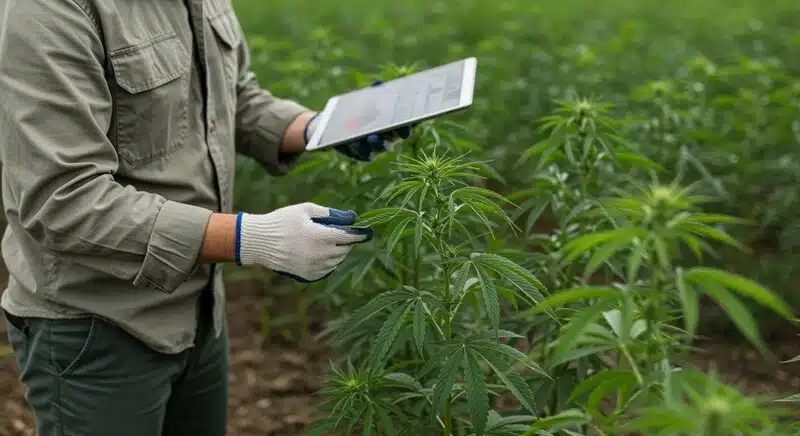 Cultivo de Critical 2.0 con agricultor revisando planta de cannabis mediante tablet, controlando desarrollo y estado en campo.