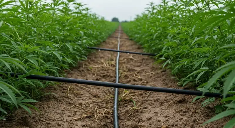 Cultivo de Critical Bilbo x Rainbow Chips Regular con sistema de riego por goteo, líneas de irrigación distribuyendo agua de forma eficiente en campo.