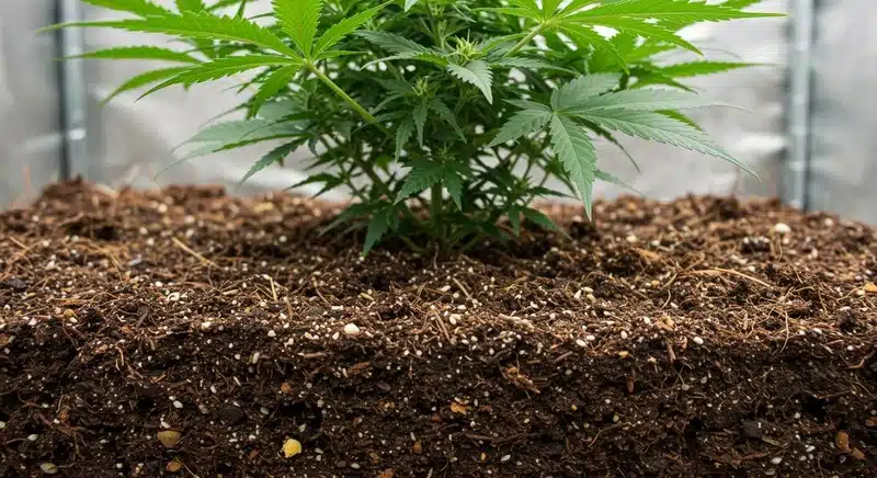 Planta de cannabis en sustrato rico y equilibrado. Un entorno saludable favorece el aumento del Brix, lo que mejora la calidad general del cultivo, aunque la potencia en cannabinoides depende principalmente de la genética.