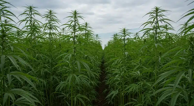 Cultivo denso Cinderella 99 Fast Version en exterior con plantas altas de cannabis.