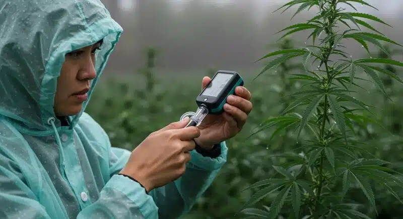 Cultivadora midiendo los grados Brix con un refractómetro digital directamente en el campo. Este tipo de medición permite evaluar en tiempo real la concentración de azúcares en la savia del cannabis.